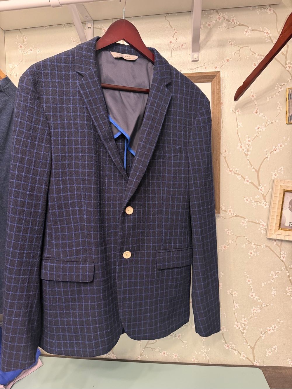 Zara Navy Windowpane Sport Coat with Blue Check